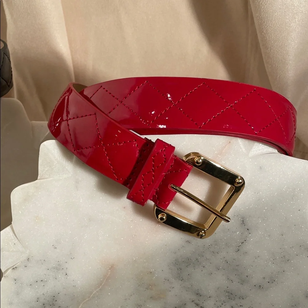 Gold buckle Black and Red patten leather Quilted Belts